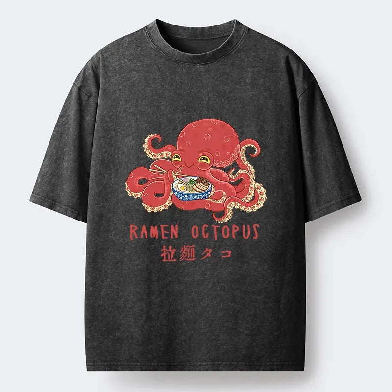 Kyoto-Lion Cute Octopus Eating Ramen Washed T-Shirt