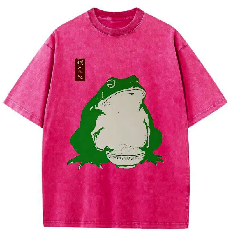 Kyoto-Lion Fat Frog Eats Rice Washed T-Shirt
