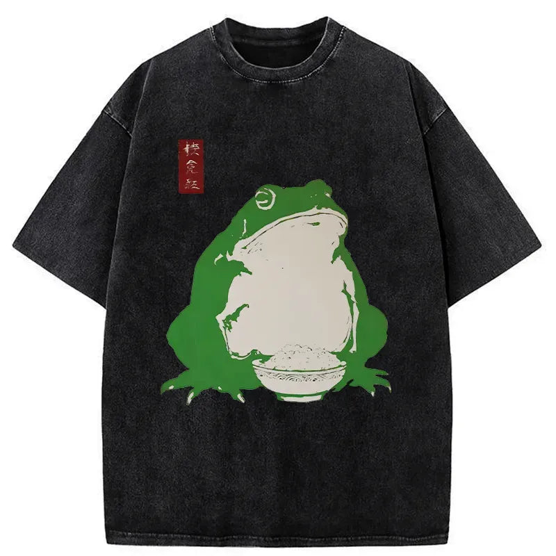Kyoto-Lion Fat Frog Eats Rice Washed T-Shirt