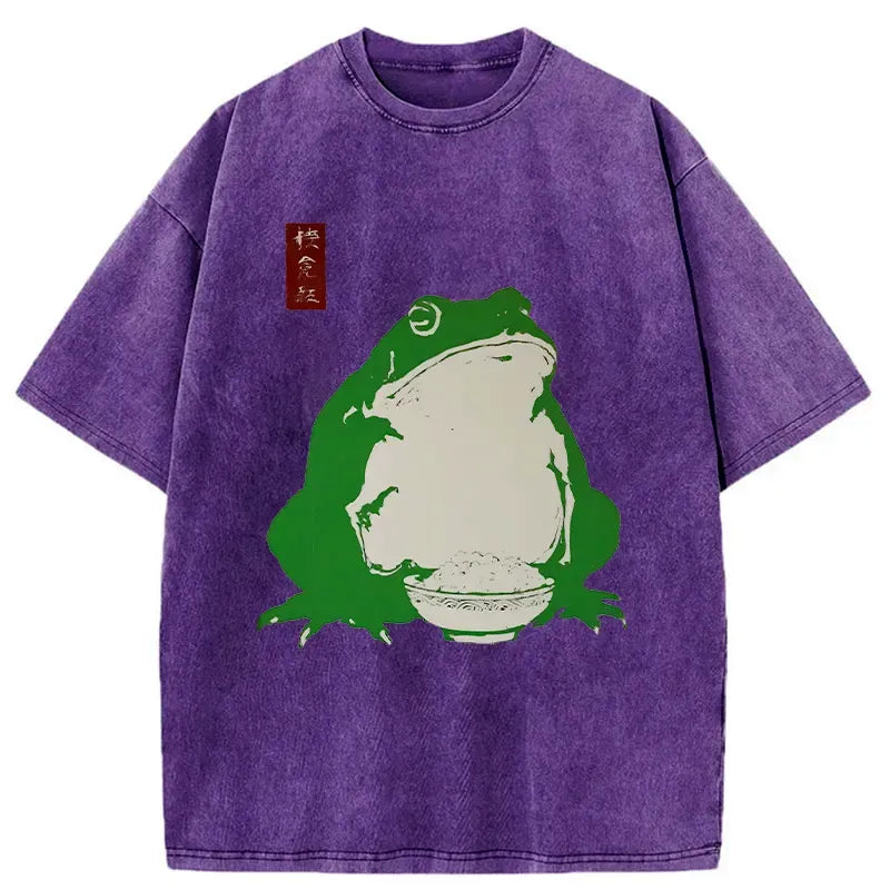 Kyoto-Lion Fat Frog Eats Rice Washed T-Shirt