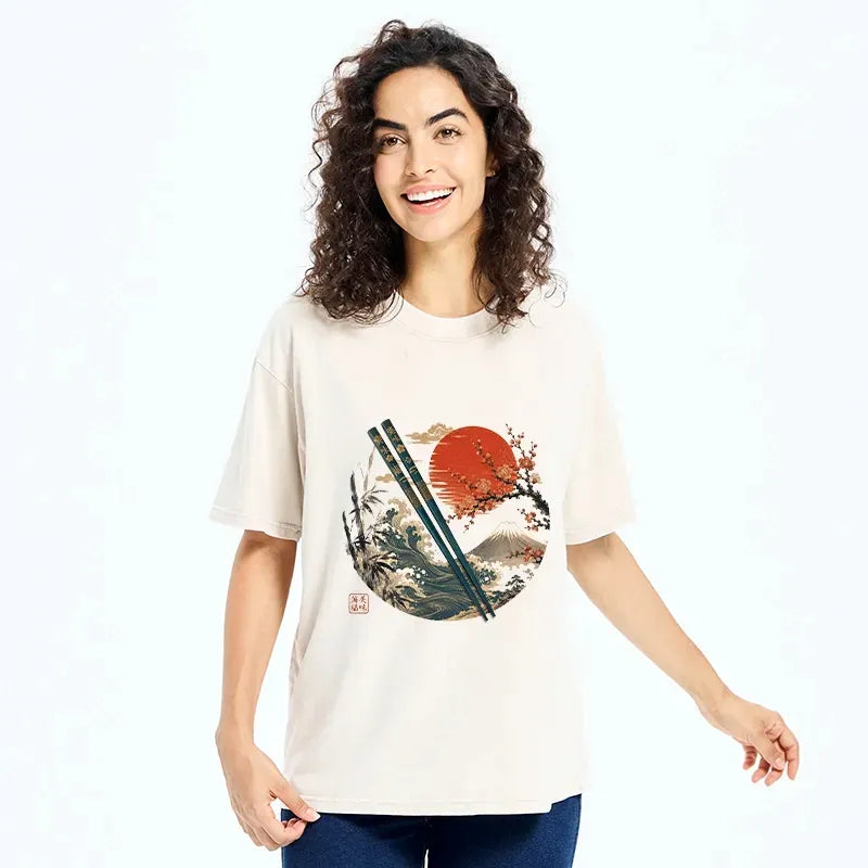 Kyoto-Lion Fuji Wave Chopstick Sakura Circle Art Washed T-Shirt