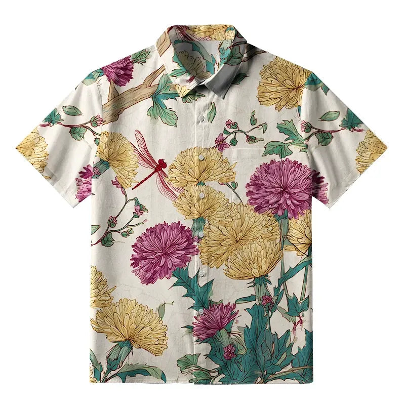 Kyoto-Lion Vivid Chrysanthemums In Nature Button-up Shirt