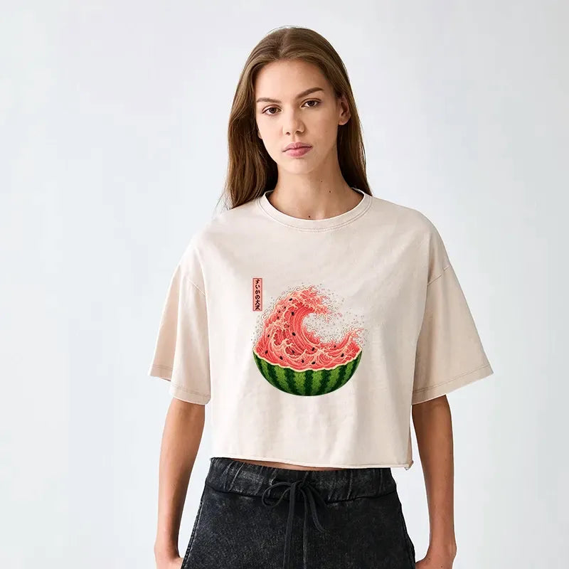 Kyoto-Lion Watermelon Wave Summer Ukiyo Art Women's Washed Crop T-Shirt
