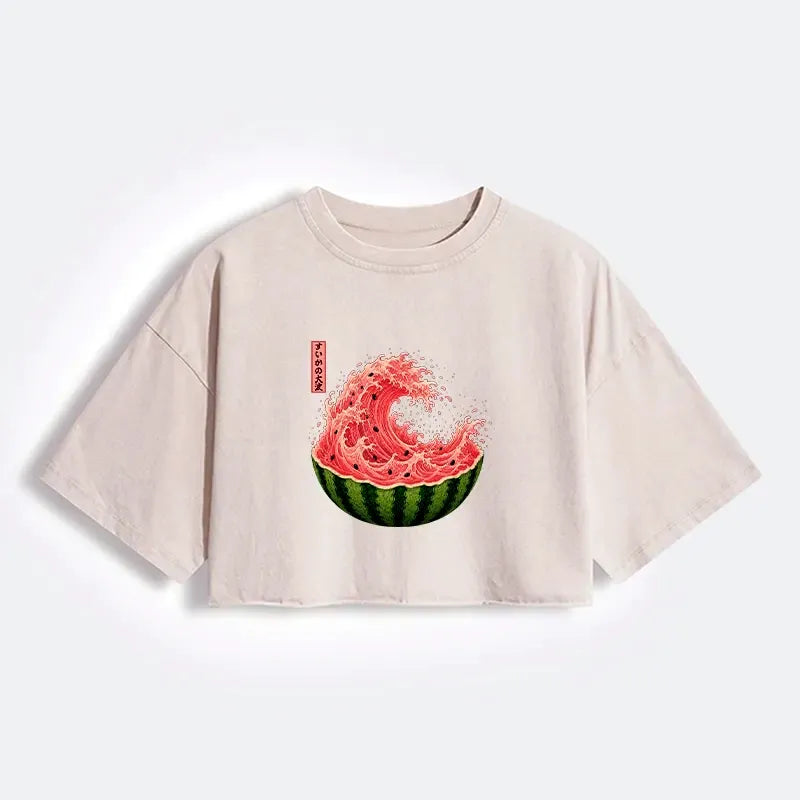 Kyoto-Lion Watermelon Wave Summer Ukiyo Art Women's Washed Crop T-Shirt