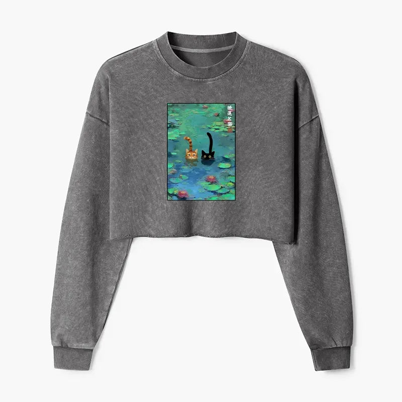 Funny Cats Washed Crop Sweatshirt Best Seller