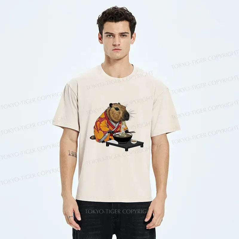 Kyoto-Lion Cute Capybara Eating Ramen Washed T-Shirt