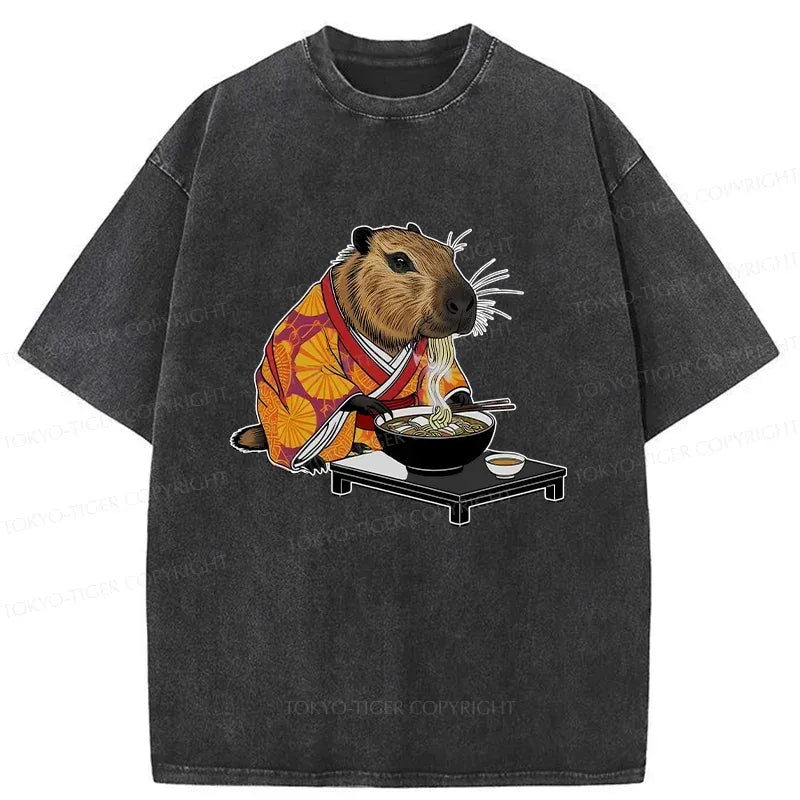 Kyoto-Lion Cute Capybara Eating Ramen Washed T-Shirt