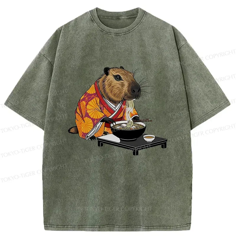 Kyoto-Lion Cute Capybara Eating Ramen Washed T-Shirt