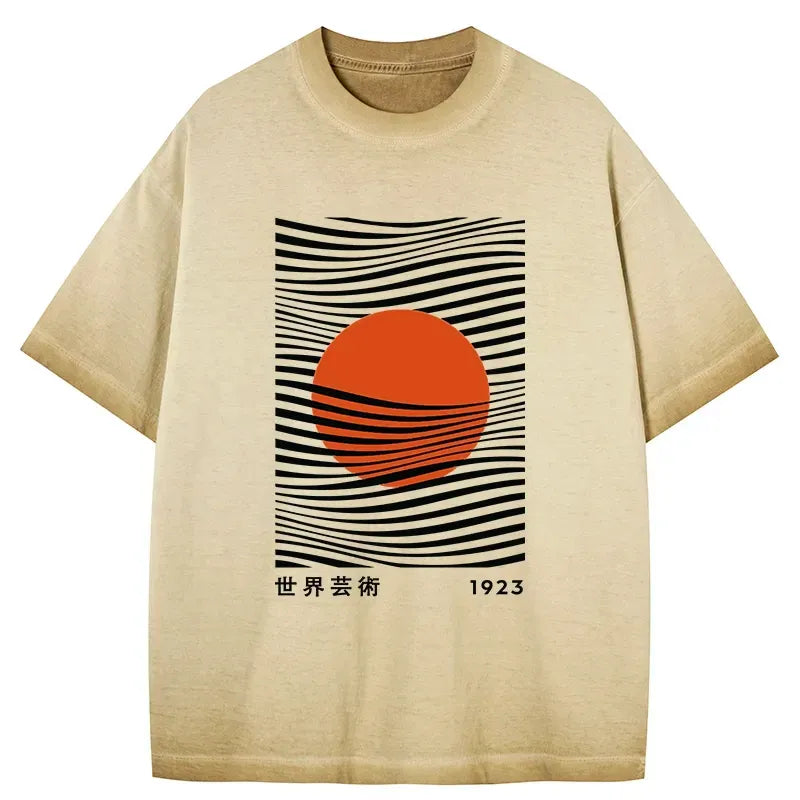 Japanese Minimalist Sun Gradient Washed T-Shirt for Daily Wear