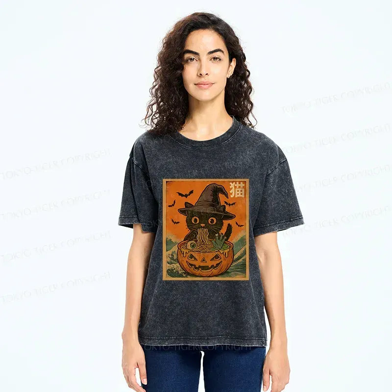Cat Eating Ramen Washed T-Shirt for Halloween