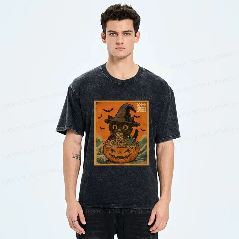 Kyoto-Lion Halloween Cat Eating Ramen Washed T-Shirt