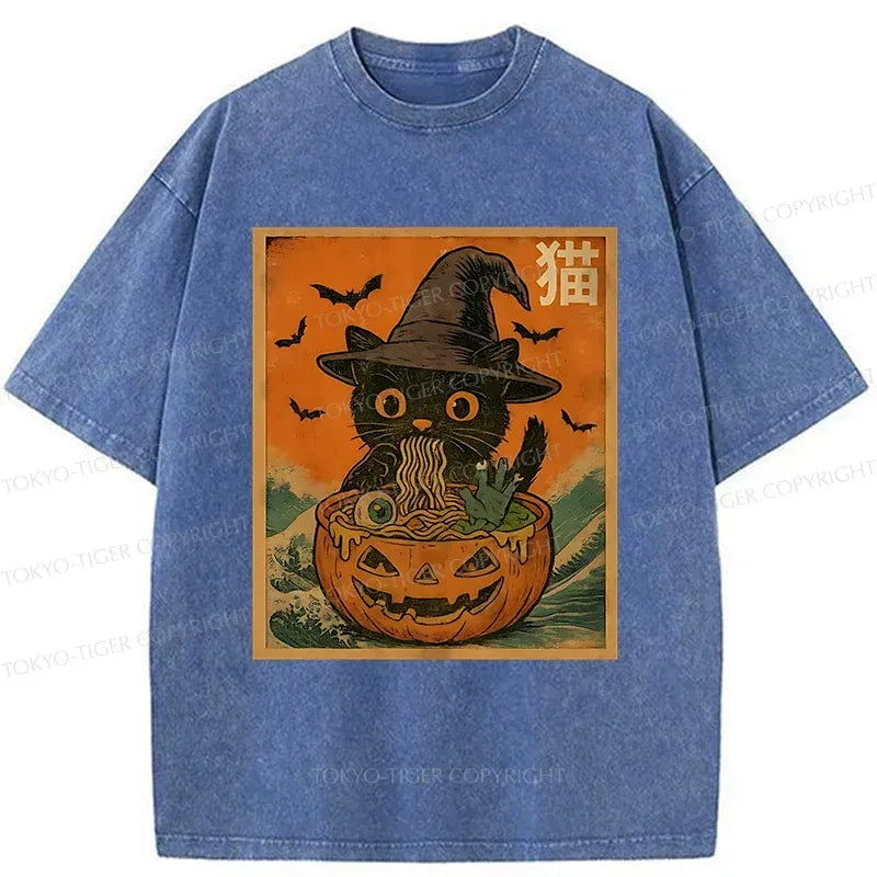 Cat Eating Ramen Washed T-Shirt for Halloween