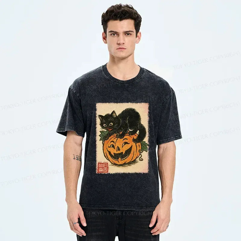 Japanese Black Cat Washed T-Shirt