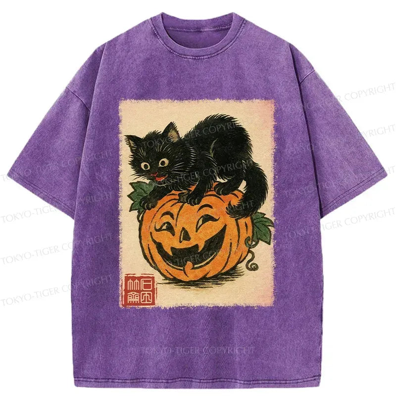 Kyoto-Lion Black Cat And Pumpkin Washed T-Shirt