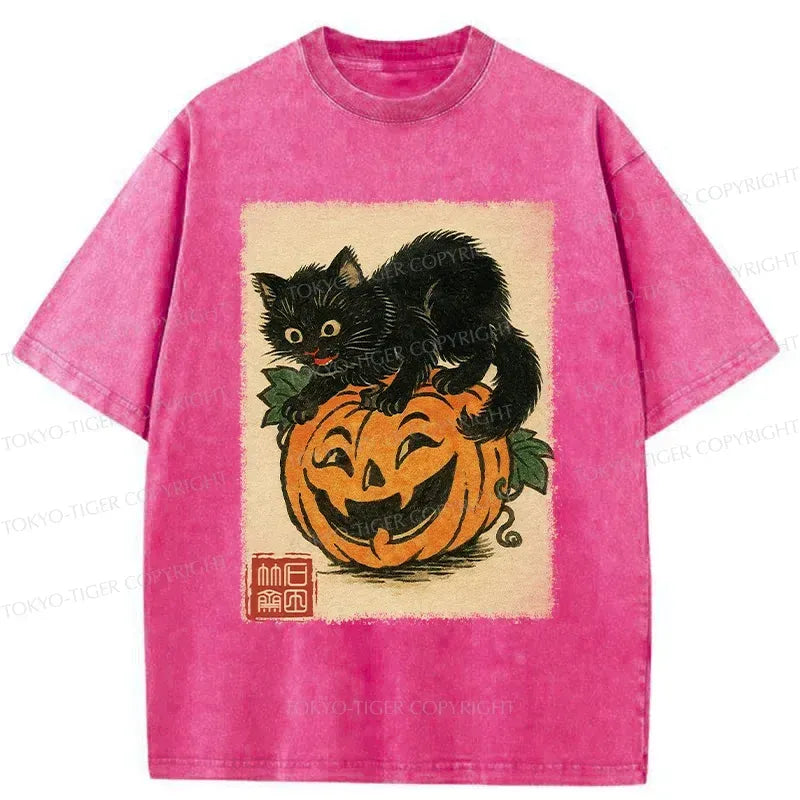 Kyoto-Lion Black Cat And Pumpkin Washed T-Shirt