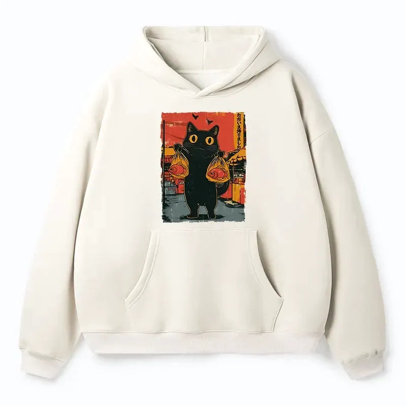 Kyoto-Lion Cat Fishing Japanese Adult Fleece Hoodie