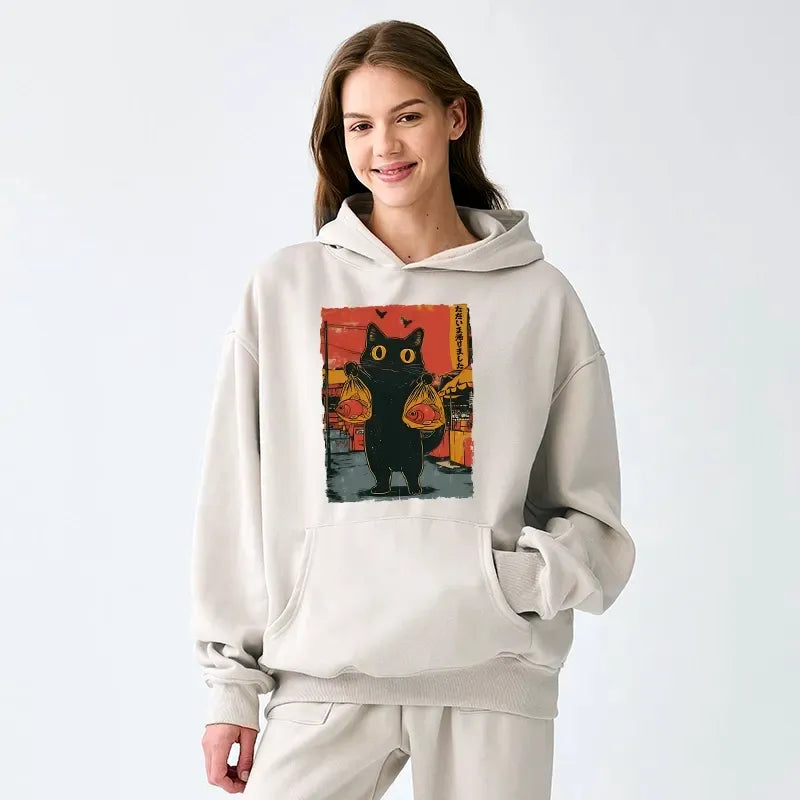 Kyoto-Lion Cat Fishing Japanese Adult Fleece Hoodie