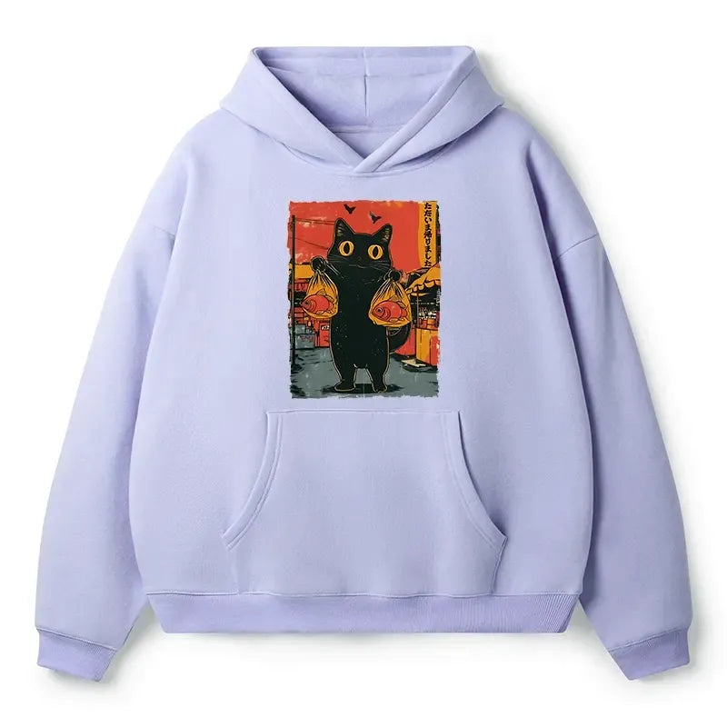 Kyoto-Lion Cat Fishing Japanese Adult Fleece Hoodie