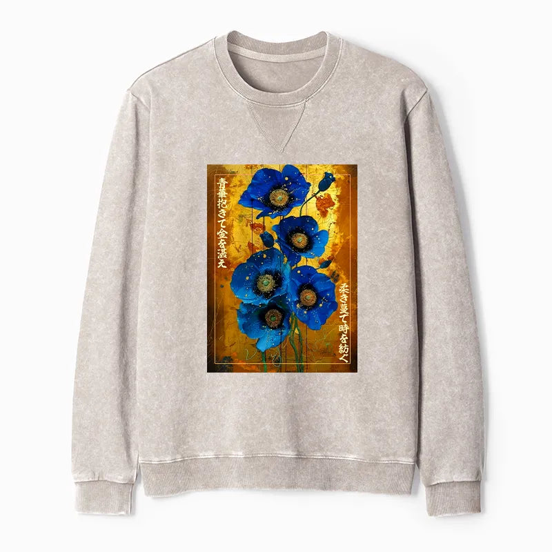 Kyoto-Lion Shiny Blue Flower Warm Golden Background Washed Terry Sweatshirt