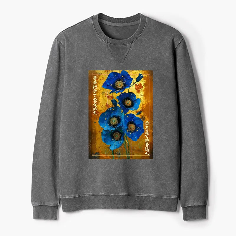 Kyoto-Lion Shiny Blue Flower Warm Golden Background Washed Terry Sweatshirt