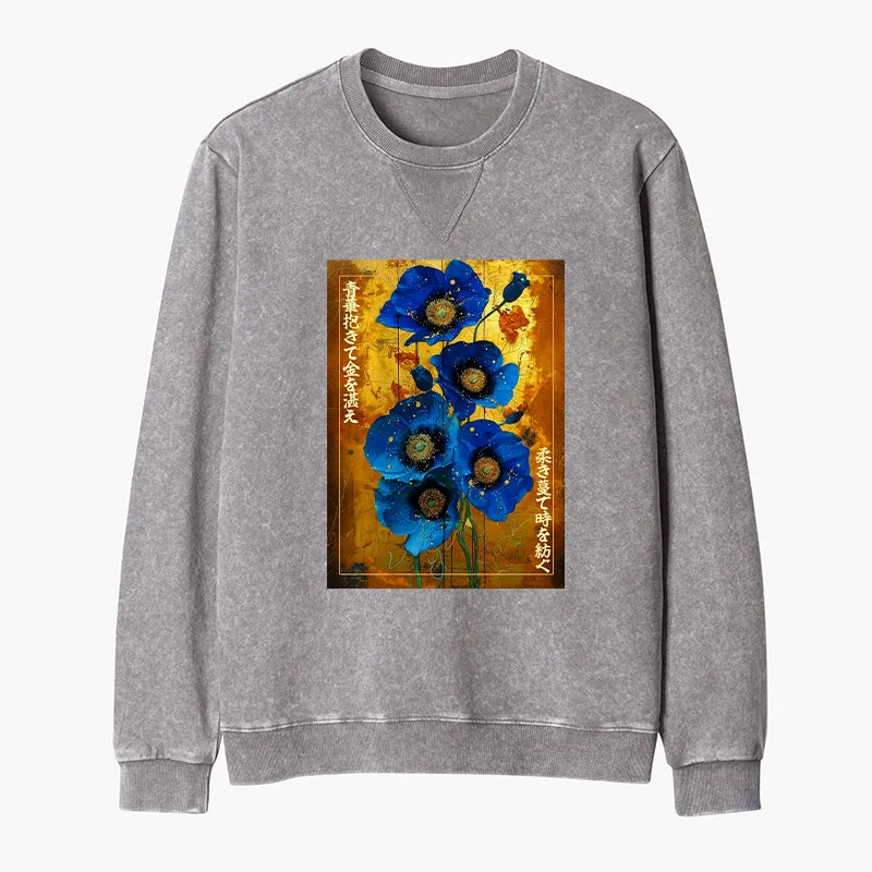 Kyoto-Lion Shiny Blue Flower Warm Golden Background Washed Terry Sweatshirt