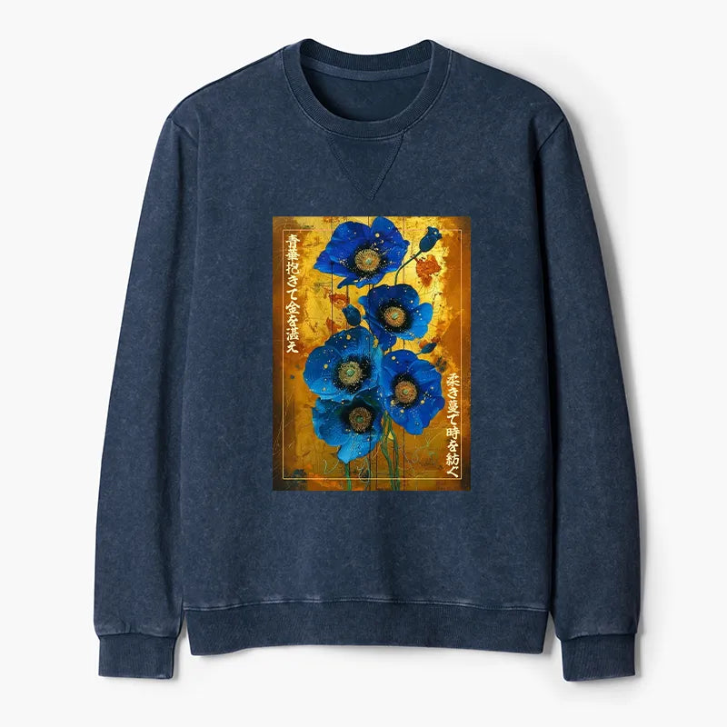Kyoto-Lion Shiny Blue Flower Warm Golden Background Washed Terry Sweatshirt
