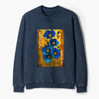 Kyoto-Lion Shiny Blue Flower Warm Golden Background Washed Terry Sweatshirt