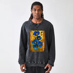 Kyoto-Lion Shiny Blue Flower Warm Golden Background Washed Terry Sweatshirt