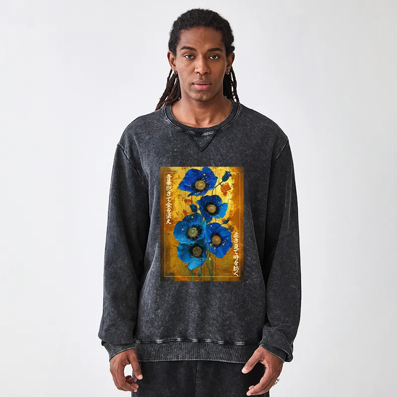 Kyoto-Lion Shiny Blue Flower Warm Golden Background Washed Terry Sweatshirt