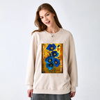 Kyoto-Lion Shiny Blue Flower Warm Golden Background Washed Terry Sweatshirt