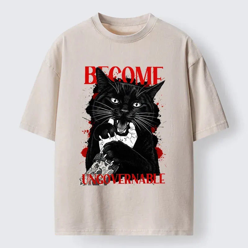 Kyoto-Lion Biting Black Cat Washed T-Shirt
