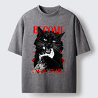 Kyoto-Lion Biting Black Cat Washed T-Shirt