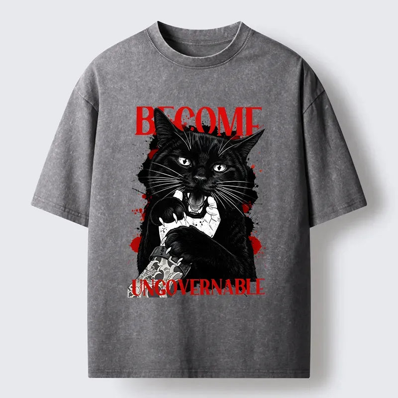 Kyoto-Lion Biting Black Cat Washed T-Shirt