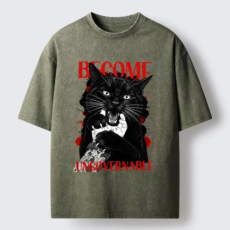 Kyoto-Lion Biting Black Cat Washed T-Shirt