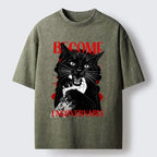 Kyoto-Lion Biting Black Cat Washed T-Shirt