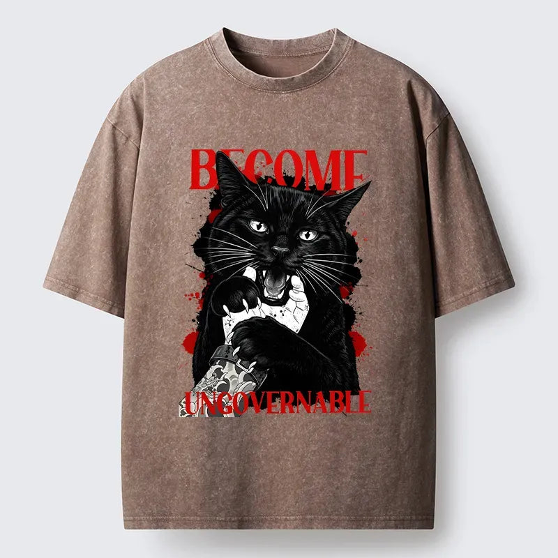 Kyoto-Lion Biting Black Cat Washed T-Shirt