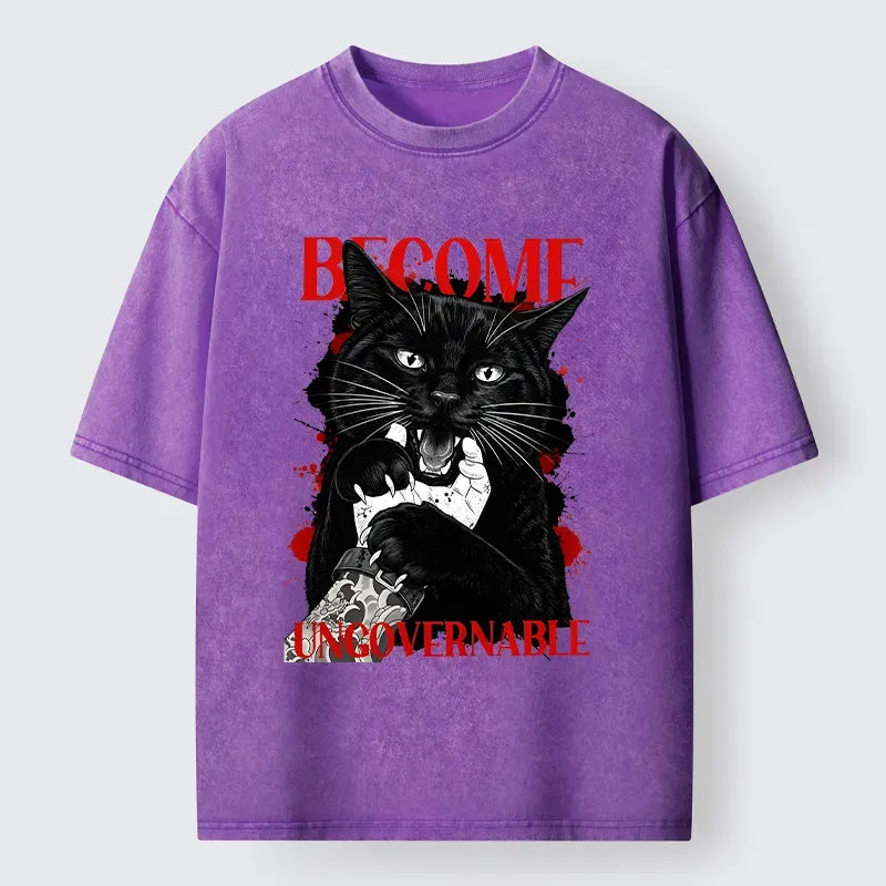 Kyoto-Lion Biting Black Cat Washed T-Shirt