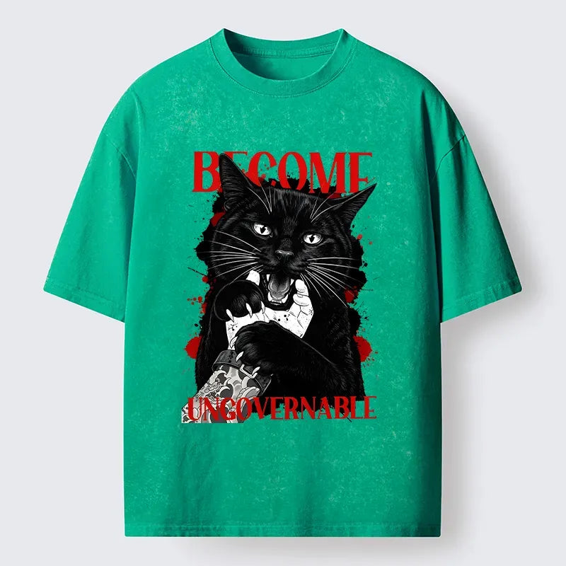 Washed Black Cat T-Shirt for Summer Fashion