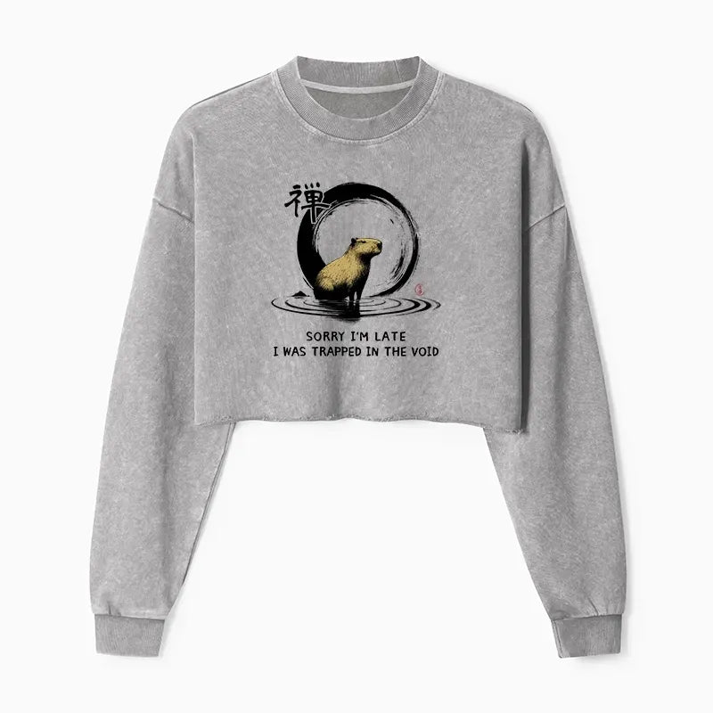 Kyoto-Lion Zen Capybara Was Trapped In The Void Washed Crop Sweatshirt