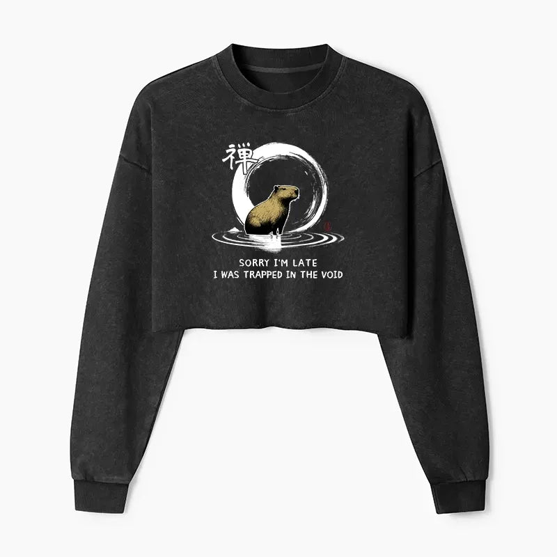 Kyoto-Lion Zen Capybara Was Trapped In The Void Washed Crop Sweatshirt