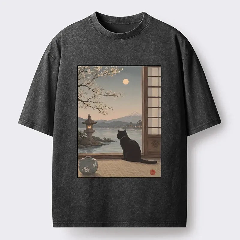 Kyoto-Lion Black Cat Watching Mount Fuji At Night Washed T-Shirt