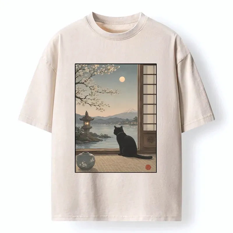 Kyoto-Lion Black Cat Watching Mount Fuji At Night Washed T-Shirt