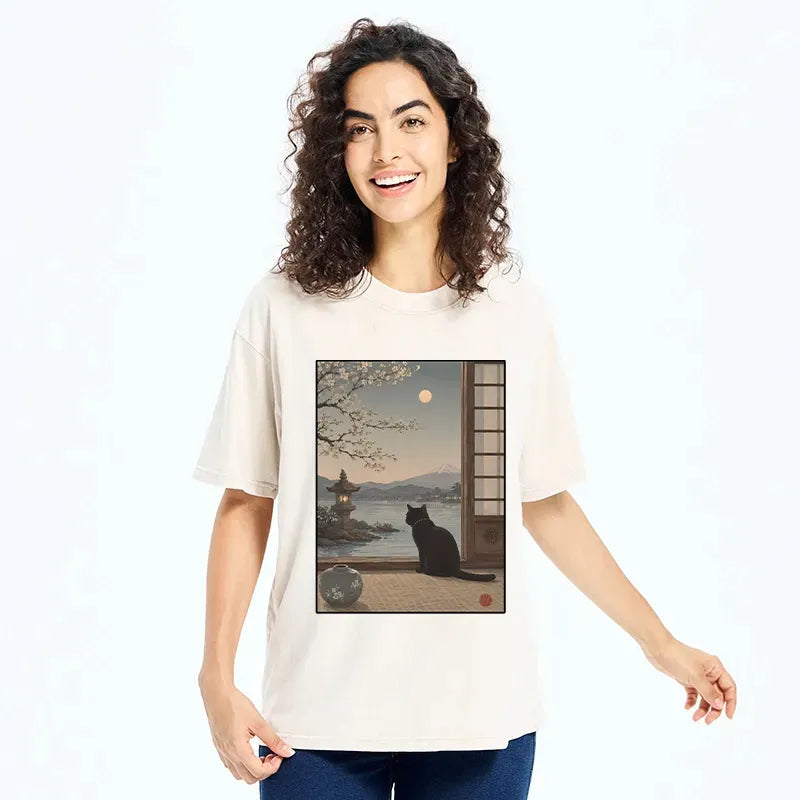 Japanese black cat Mount Fuji t-shirt