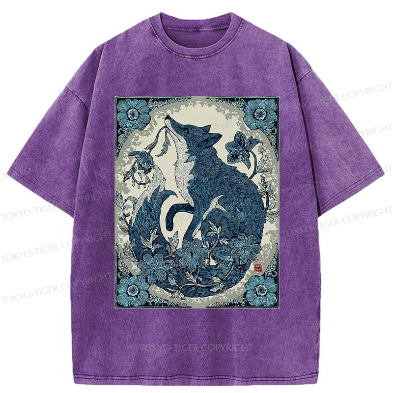 Kyoto-Lion Floral Fox Aesthetic Washed T-Shirt