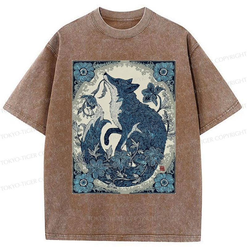 Japanese Floral Fox Aesthetic Washed T-Shirt