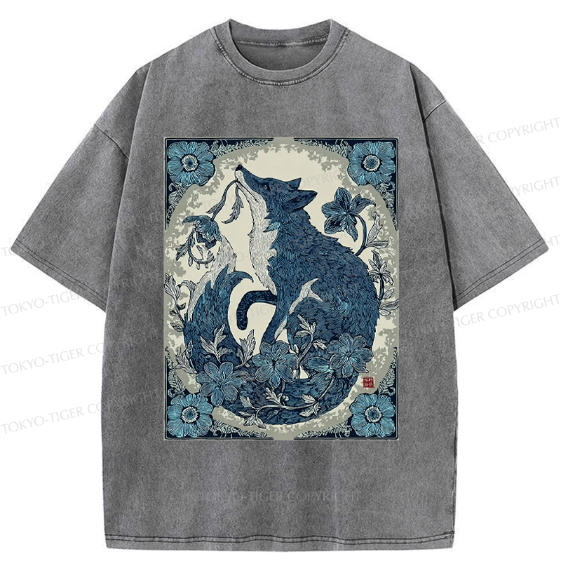 Kyoto-Lion Floral Fox Aesthetic Washed T-Shirt