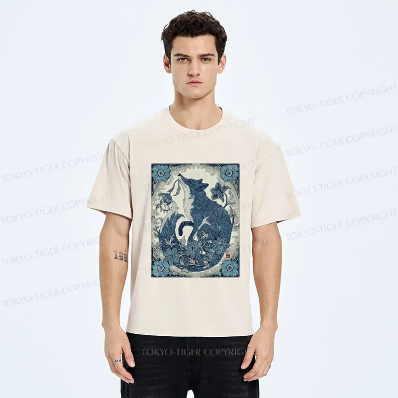 Japanese Floral Fox Aesthetic Washed T-Shirt