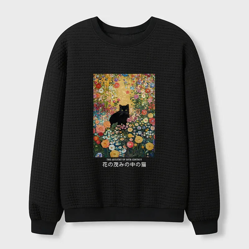 Kyoto-Lion Black Cat In The Flower Bushes Waffle Sweatshirt