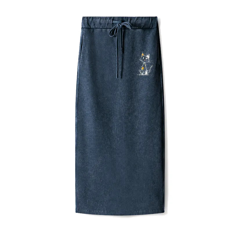 Kyoto-Lion Minimal Splash Ink Cute Cat Washed Terry Skirt