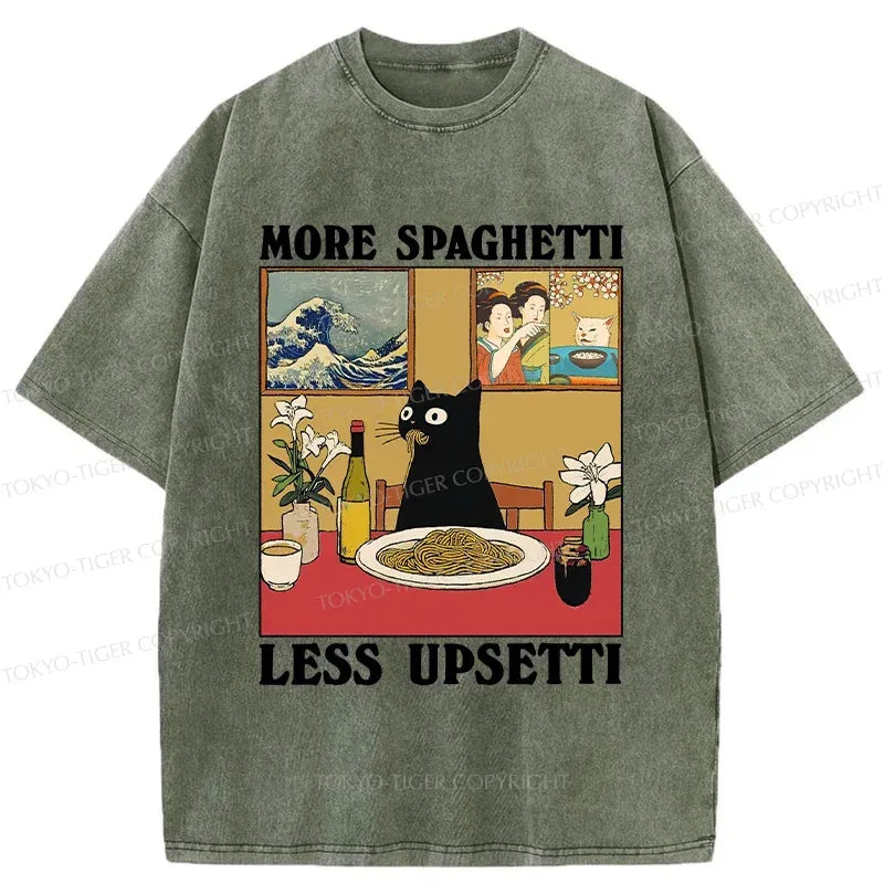 Japanese Cat Eating Pasta Washed T-Shirt